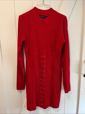 Almost Famous Red Ribbed Lace-Up Long Sleeve Dress